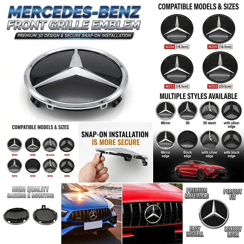 Chrome Black Silver 3D Star Badge Front Grille Emblem Logo