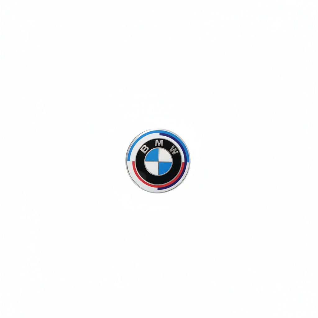 Close-up of a BMW logo on a metallic surface with a blurred background